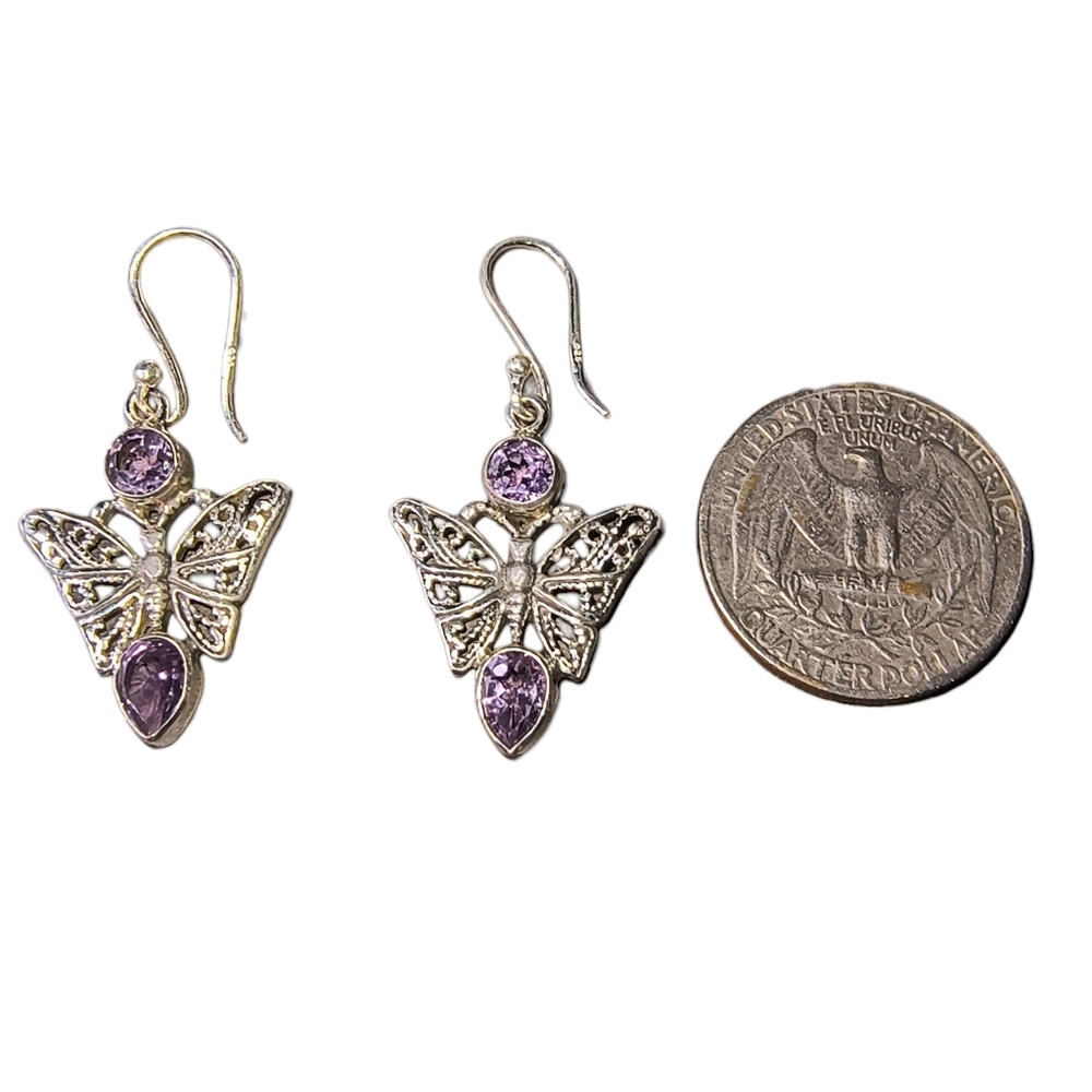 Sterling Silver Filigree Butterfly Earrings with Amethyst Gemstones - Picture 4 of 9